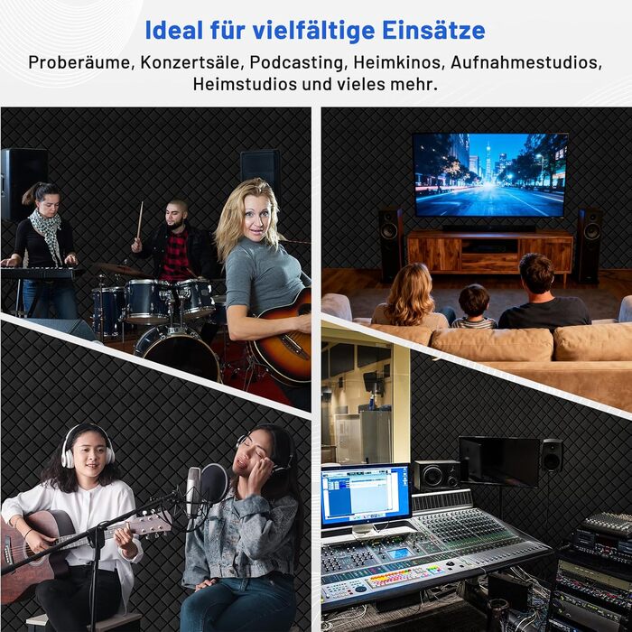 Акустичний поролон для звукоізоляції, шумопоглинаючі панелі 30x30x7.5 см, самоклеючі звукоізоляційні плити (24 шт) + 150 двосторонніх клейких подушок