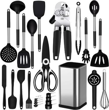 Kitchen Helper Set, 26-Piece Silicone Kitchen Utensils Set, Heat-Resistant Cookware with Utensil Holder, Silicone Spatulas, Cooking Spoons, Anti-Stick Spatulas, BPA Free, Dishwasher Safe, Black
