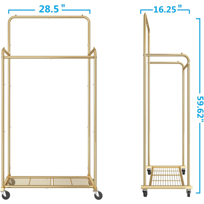 Clothes rack with double bar, sturdy clothes rack on wheels for hanging clothes, with 4 hooks, gold