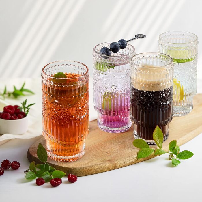 Joeyan 340ml Vintage Water Glasses Stackable - Set of 4 French Drinking Glasses for Drinks, Cocktails, Tea - Creative Water Cup for Restaurant, Party, Bar, Event, Home