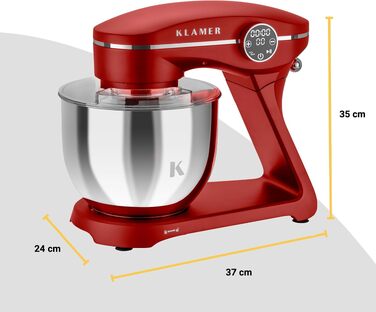 Кухонний комбайн-міксер KLAMER 1800W, планетарний міксер для тіста з чашею з нержавіючої сталі 6л, червоний