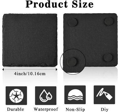 WEWINK PLUS Drink Coasters for Beverages, 4 Inch, Black Slate, Rustic Coaster with Scratch-Resistant Back, for Bar, Gifts, Crafts, Kitchen, Home Decoration, 12 Pieces