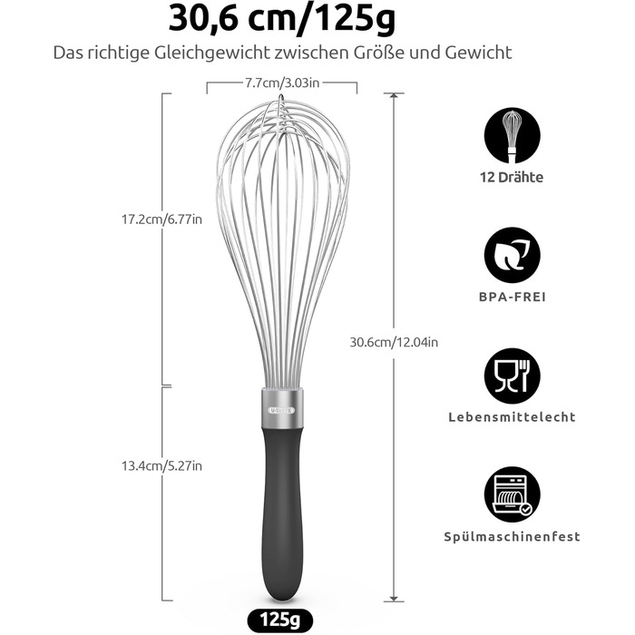 Міксер кухонний U-Taste, 30 см, з нержавіючої сталі 18/10, 12 гнучких дротів, силіконовий ручка, для тіста та соусів (Чорний)