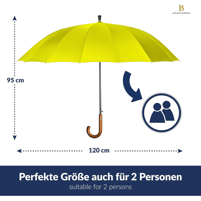 Logan & Barnes Stormproof Umbrella - 120cm Extra Large Windproof Umbrella with Wooden Handle & Silent Rubber Tip - 16 Rib Model EDINBURGH (Yellow)
