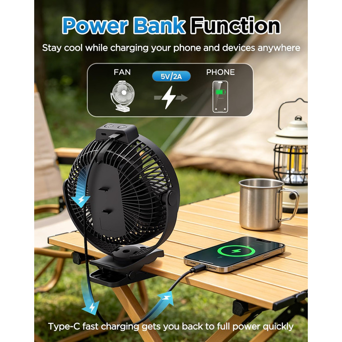 Кліпса-вентилятор EasyAcc 10000mAh з Powerbank: кемпінговий вентилятор 20см, 5 швидкостей, LED-дисплей, 360° гачок для коляски, гроубоксу та кемпінгу, чорний