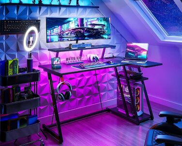 LED Gaming Desk with Power Outlets - L-Shaped PC Gaming Table with Monitor Stand & Storage - Carbon Fiber Black (120cm)