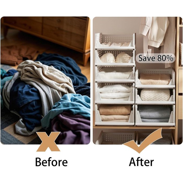 RMAN 8-Piece Stackable Folding Closet Storage Boxes, Closet Organizer Drawers, Plastic Storage Crates for Home, Bedroom, Kitchen - White
