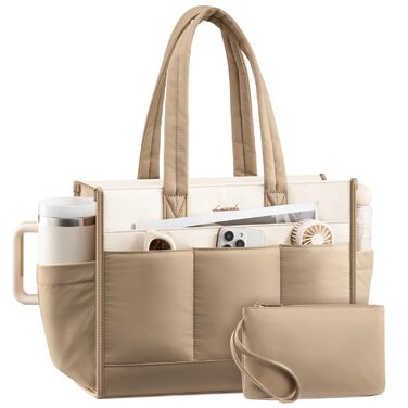 Сумка жіноча LOVEVOOK Shopper бежево-хакі, 15.6 дюймів: для ноутбука, роботи, університету, школи. 14 відділень, тримач для пляшки