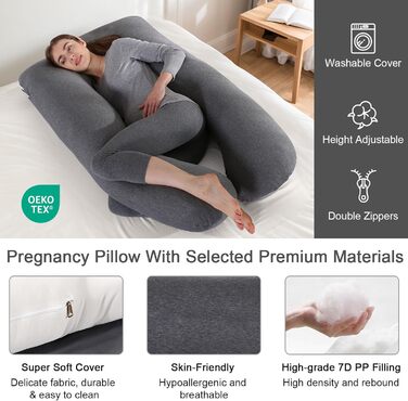 Вагітний подушок U-подібної форми SHANNA, подушка для сну на боці, подушка для годування, бавовняний чохол, велика подушка для підтримки, комфортна подушка для дорослих, подушка для тіла, бавовна, чорний колір, 70 x 145 см