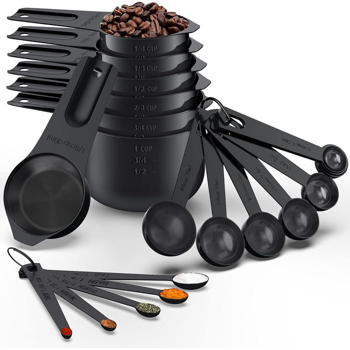 Wildone Measuring Cups and Spoons Set, Stainless Steel, Nesting, Metal Measuring Cups and Spoons for Cooking and Baking, 21-Piece, Black