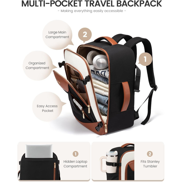 Чоловічий/Жіночий рюкзак OVEVOOK для ручної поклажі, 40 л, валіза-рюкзак для подорожей, з відділенням для ноутбука, водонепроникний, для ділових поїздок та вихідних (L, чорно-бежево-коричневий)