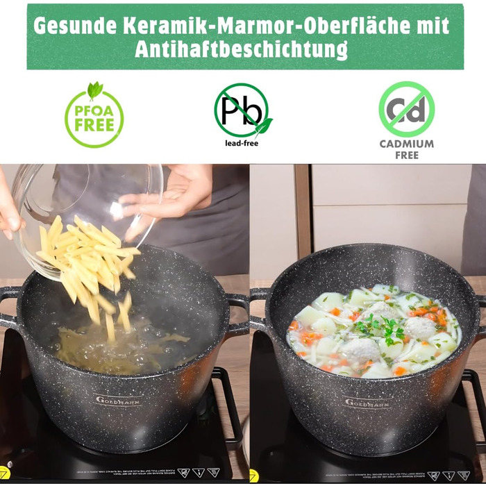 Каструля Goldmann 28 см з алюмінію з нержавіючою сталлю (10 л) з силіконовими ручками, антипригарне покриття з мармурової кераміки та скляною кришкою