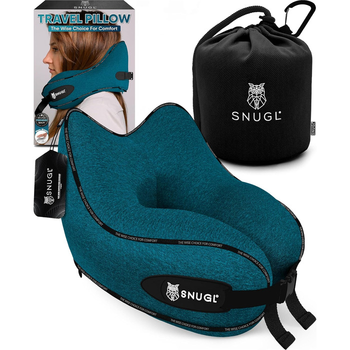 Подушка для шиї SNUGL з Memory Foam, регульована, для подорожей | Зручна подушка-воротник для шиї в літак, авто та в дорогу | Подушка для шиї, Neck Travel Pillow (синьо-зелений)