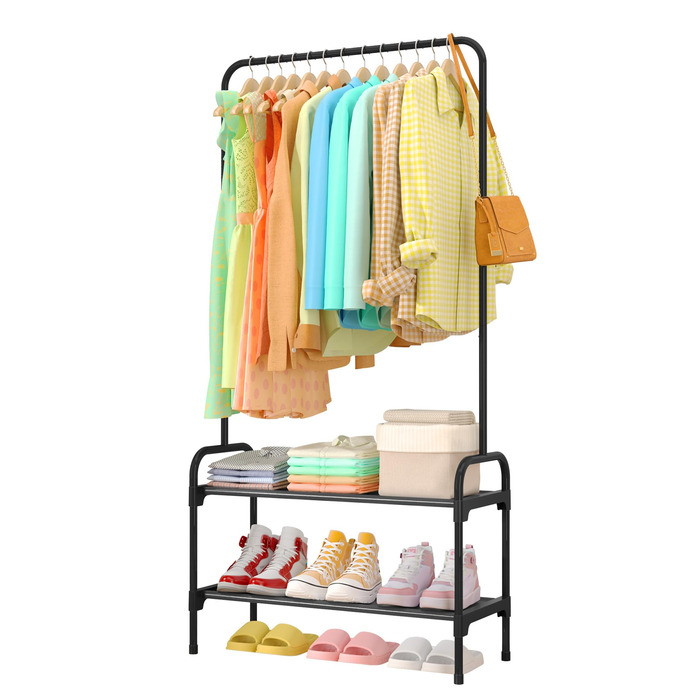 Стійка для одягу з полицею для взуття, чорна, 74 x 30 x 150 см