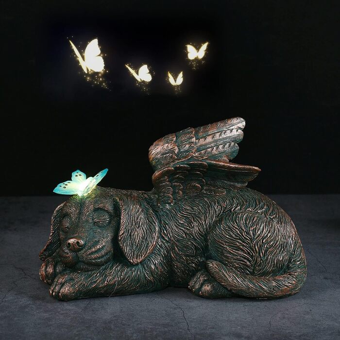 Yeomoo Dog Angel Solar Garden Decorations for Outdoors with Butterfly - Weatherproof Animal Statue Balcony Decor, Sleeping Puppy Solar-Powered Figure Grave Ornament Tombstone, Gifts for Women Mom Copper