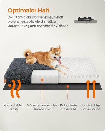 Feandrea Dog Bed, Orthopedic Dog Cushion, padded with egg foam, removable and washable cover, size M, for small and medium dogs, 80 x 50 x 8 cm, PGW211G02 (L 110 x W 73 x H 10 cm, Dark Grey)