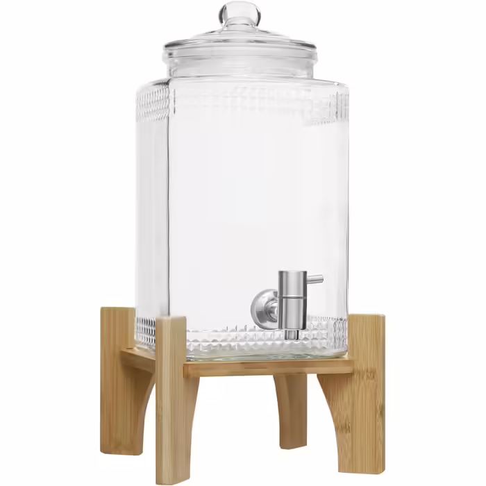 5L Drink Dispenser with Bamboo Stand, Glass Drink Dispenser with Stainless Steel Tap and Lid, Clear Lemonade/Drink/Water Dispenser for Iced Juices, Water