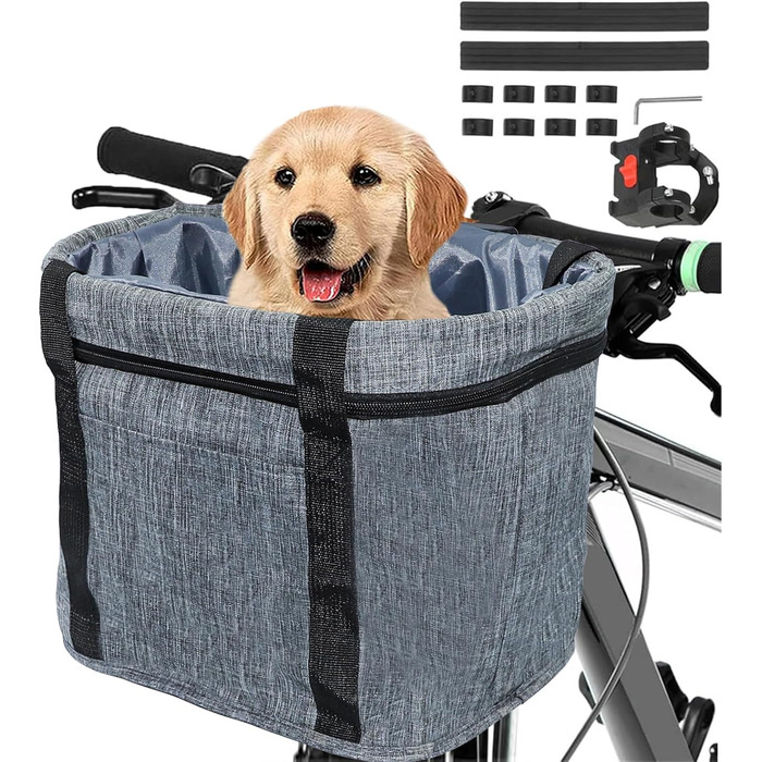 Складаний водовідштовхуючий кошик на кермо велосипеда, знімний, алюмінієвий каркас, для собак та котів, для походів, пікніків, покупок (Чорний) (Сірий A)
