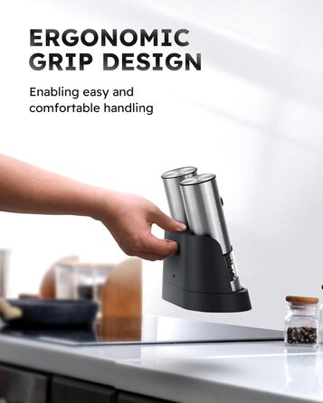 Електрична мельниця для солі та перцю FORLIM, USB-зарядка, з LED-підсвіткою, регульована ступінь помолу, 7 рівнів, 2 шт. (чорний+білий)