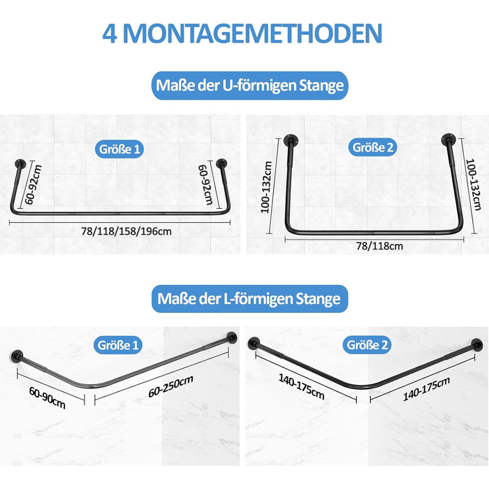 Регульована душова штанга U-подібної/L-подібної форми, 60-92 x 78-196 x 60-92 см, з 12 кільцями для шторки та підпоркою для стелі, чорна. Підходить для ванни/ванної кімнати. Потрібне свердловий монтаж.