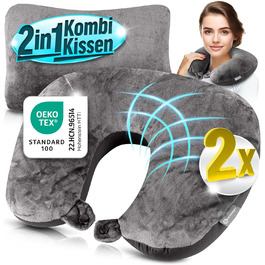 Подушка для шиї 2в1 - Подушка-воріт, 37x27 см - Подорожні подушки для шиї для літака, кемпінгу, подорожей - Ергономічна подушка для голови з мікрокульками (Сірий, 2 шт.)