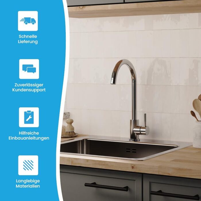 Кухонний змішувач Bächlein Plivo з нержавіючої сталі (щіткова обробка) – одноручний з 360° поворотним виливом, масивний кухонний кран (круглий, хром)