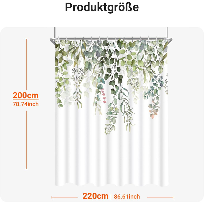 Штора для душу 200x200 см, зелені листя, антигрибкова, текстильна, водовідштовхувальна, пральна, поліестер, з кільцями (12 шт.) для ванної кімнати