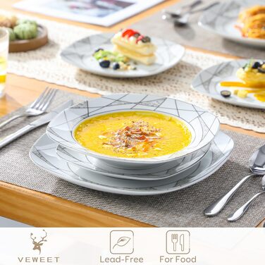 VEWEET Сервіз столовий 'Serena' з порцеляни, 24 частини | Комплект включає миски для каші, десертні тарілки, тарілки для їжі та супові тарілки | Сервіз для 6 осіб/ресторану/сім'ї (Білий, 18-частинний сервіз)