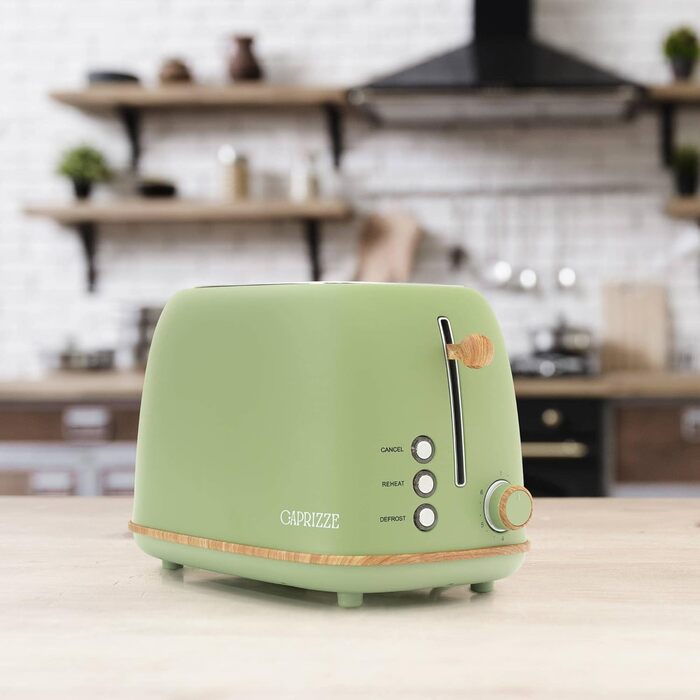Тостер Kaito з широким подвійним слотом, 3,8 см та 13,5 см, 6 рівнів підсмажування, вінтажний дизайн, ефект дерева, матово-зелений колір