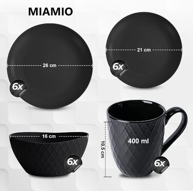 MIAMIO Набір посуду з 24 предметів з кераміки (тафельський сервіз) для 6 осіб, чорний колір, Palmanova Collection. Підходить для миття в посудомийній машині та використання в мікрохвильовці.