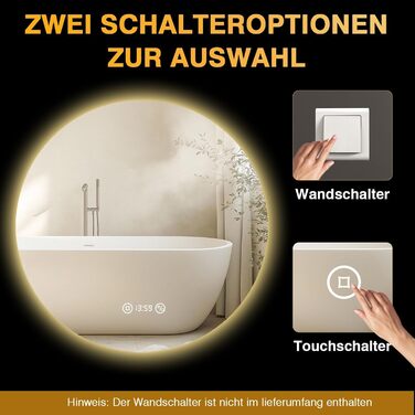 Дзеркало для ванної кімнати з підсвічуванням 70 см, LED дзеркало для ванної з підсвічуванням, 3 кольори світла, антизапар, регульована яскравість, сенсорне керування, функція пам'яті, кругле, водонепроникність IP44, 60x60 см