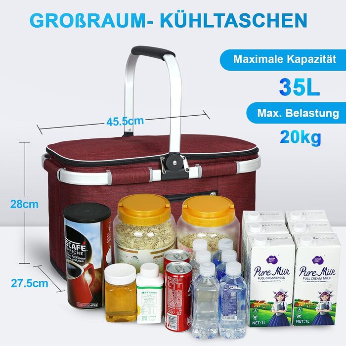 Термосумка-холодильник для покупок 35L, велика ізольована сумка-холодильник для обіду, офісу, кемпінгу, пікніка, подорожей, водонепроникний внутрішній кишень, міцна підтримка бокових стінок, винно-червоний колір