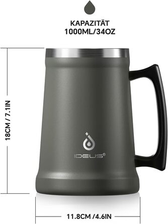 Термокружка для пива Ideus® 710мл з нержавіючої сталі, 34oz, сіра. Ідеально для Октоберфесту