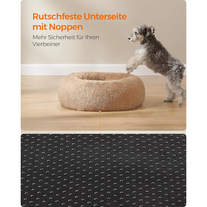 Крісло-лежанка для собак та котів Feandrea, м'яке, у вигляді подушки-донуту, 60 см, Ombré-Grey, знімний наповнювач, довгий плюш, 70x70x20 см, верблюжий колір