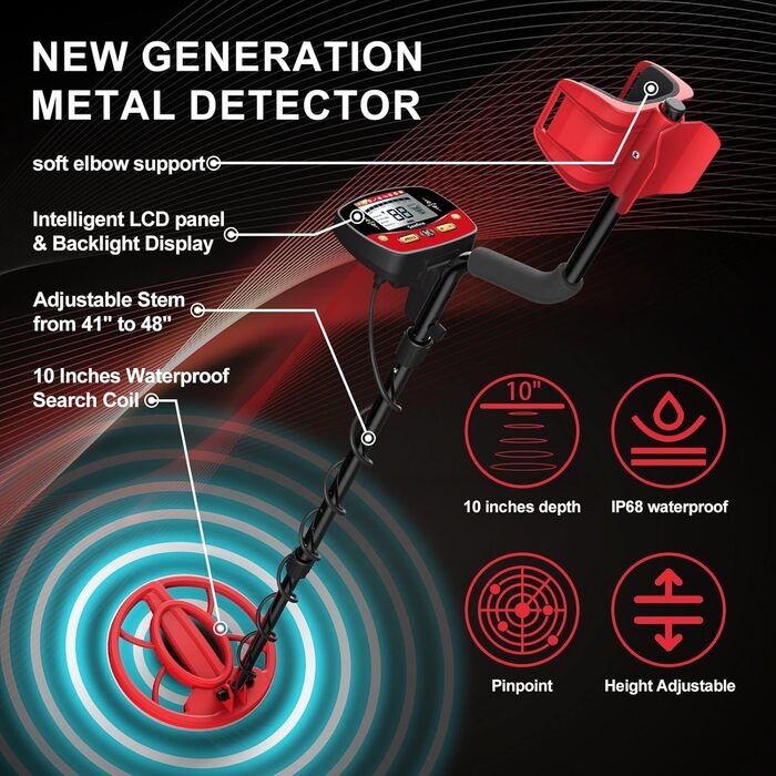 Професійний металошукач для дорослих Seefine з LCD дисплеєм, водонепроникний (IP68), 5 режимів, 10 дюймовий котушковий пристрій, висока точність та чутливість