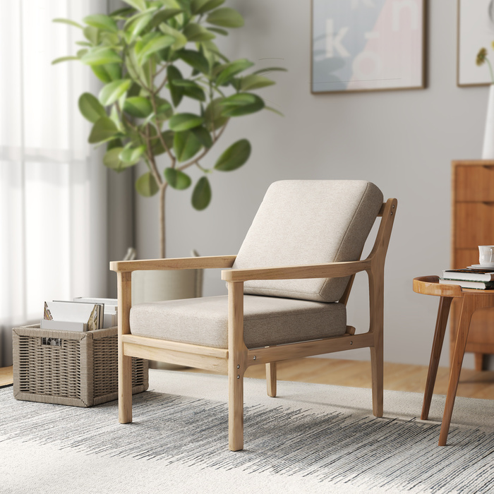 HOMCOM Armchair Lounge Chair with Linen Look, Armrests, Padded Recliner with Wooden Legs, Removable Cushions, Upholstered Chair for Bedroom, Living Room, Beige | Aosom