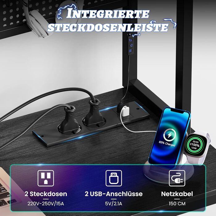 Кутовий ігровий стіл YOUDENOVA з перфорованою панеллю, полицями та USB-розетками, L-подібний комп'ютерний стіл для геймерів, чорний, 135 x 90 x 152 см