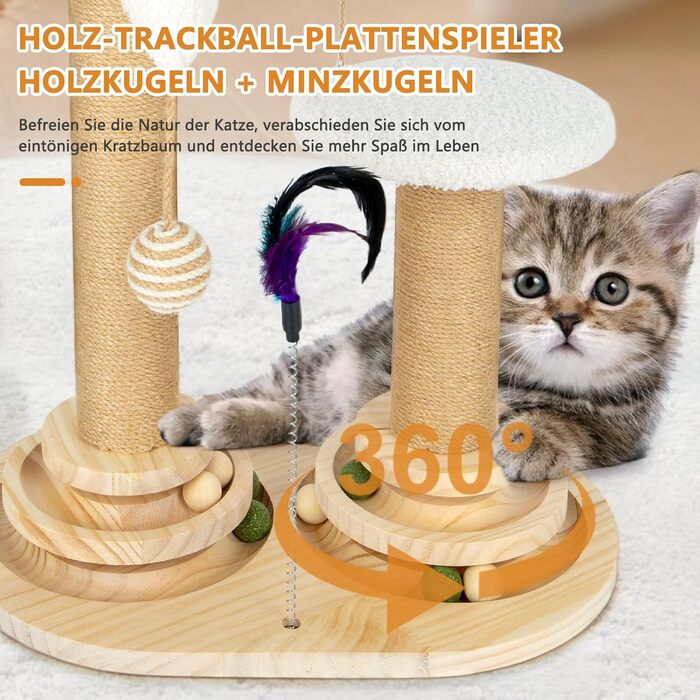 Інтерактивна іграшка для котів 6 в 1: дерев'яний комплекс з кульками, пір'ям, м'ячиком-трекером, когтеточкою з сизалю та джуту. Підходить для котів середніх та маленьких порід (білий)