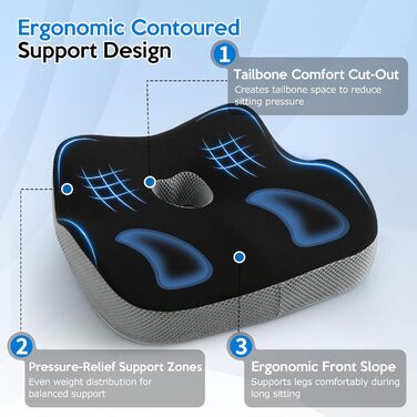 Подушка для офісного крісла з Memory Foam: ортопедична підтримка куприка, зменшення тиску, широка подушка для офісу, авто, інвалідного візка - чорний/сірий