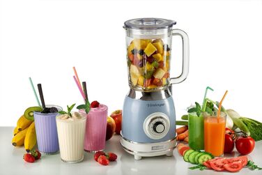 Vintage Ariete 583 Glass Mixer, Retro Multi-Function Mixer with 4 Blades, 4 Speeds + Pulse Function, Ice-Crusher Function, 1.5 Liter Capacity, 1000W, Light Blue Blue Single