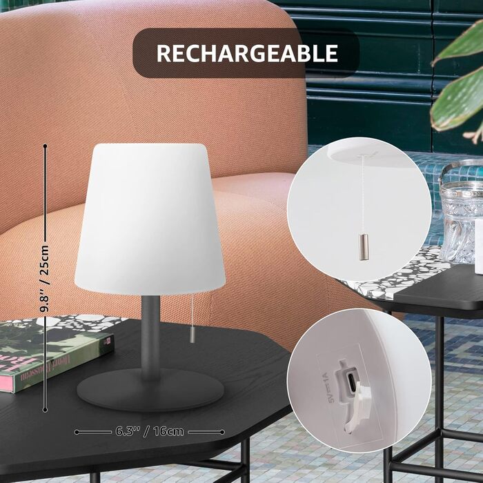 LED-лампа на акумуляторі Uuffoo для дому та саду, 7 кольорів, USB-C зарядка, чорний/сірий