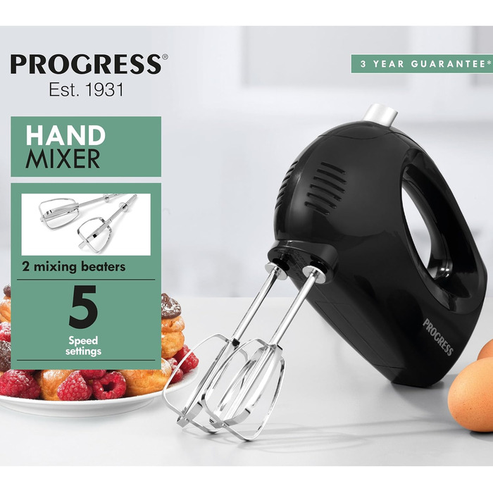 Електричний ручний міксер Progress EK5901PVDE – 250W, 5 швидкостей, знімні насадки, чорний (UK-штекер)
