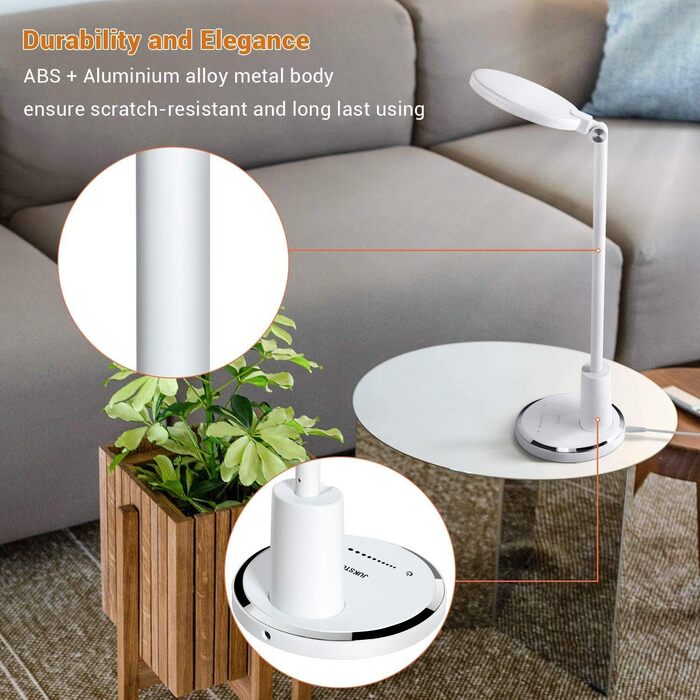JUKSTG LED Desk Lamp - 12W Adjustable Office Table Lamp with Touch Control, Dimming, 10 Brightness Levels & 5 Color Modes - Eye Protection for Reading, Work, Kids (White)