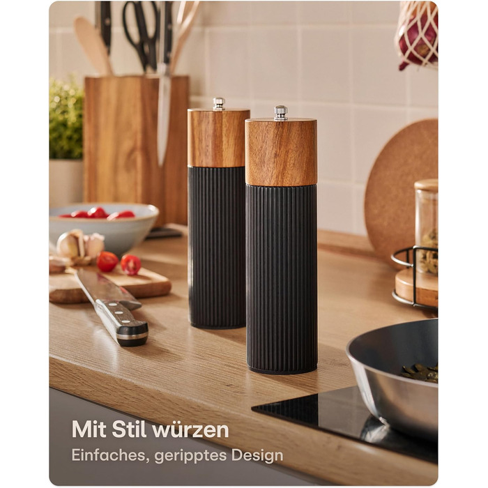 Набір для солі та перцю Praknu з акації FSC® з керамічним жорном – безступеневе регулювання та довговічність – для перцю та солі – дерев'яна млинка для спецій – набір млинок для солі та перцю – чорний – великий