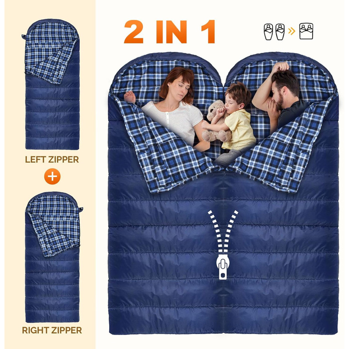 Сплячий мішок XXL для дорослих 3-4 сезони, фланель, для кемпінгу, зимовий, з сумкою, водонепроникний, 230 x 90 см