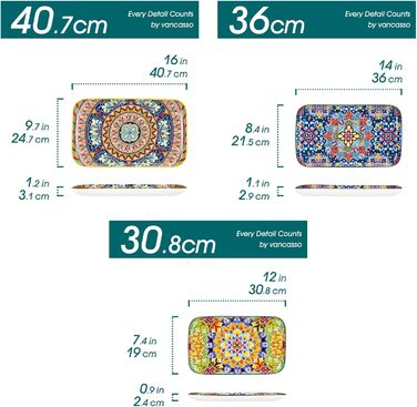 Vancasso Porcelain Serving Platter Set, SIMI Rectangular Plate Set, Bohemian Dinner Plates, Cake Plates, Dessert Plates, Breakfast Plates, 3 Sizes Serving Platters