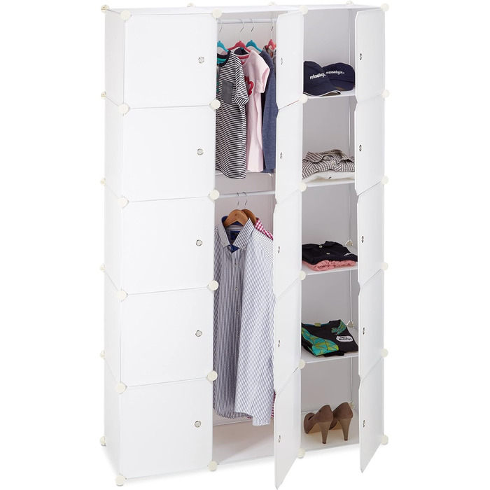 Relaxdays Clothes Rack System with 11 Compartments, Wardrobe with 2 Clothes Rails, DIY Plastic Plug-in Shelf, White