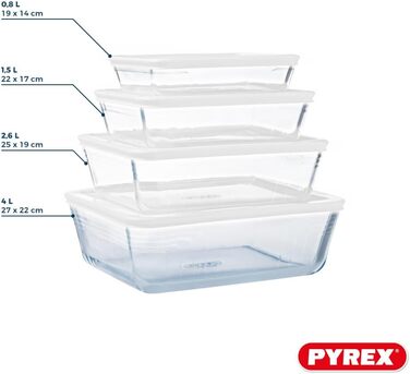 Pyrex® - Cook & Freeze – 4 Glass Containers with Airtight Lid (0.8 l, 1.5 l, 2.6 l, 4 l) – specially designed for freezing – BPA-free