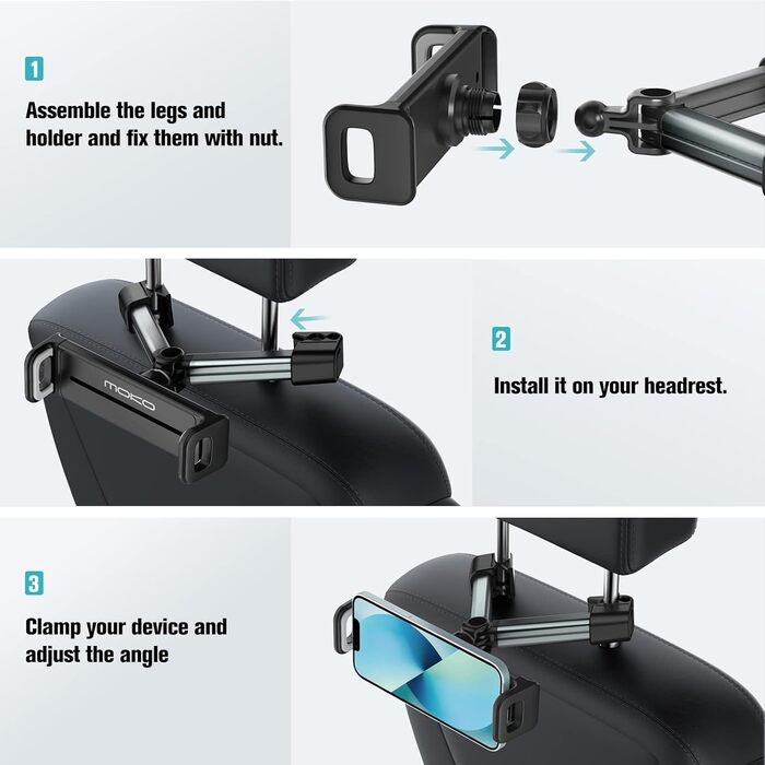 Тримач для планшету в авто MoKo, регульований, універсальний, для iPad, Galaxy Tab, iPhone, сірий