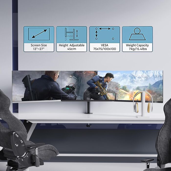 Тримач для монітора PUTORSEN на стіл для 13'-27' LCD/LED моніторів, 7 кг/монітор, регульований (180° нахил, 360° поворот, регулювання висоти), білий (чорний, білий)